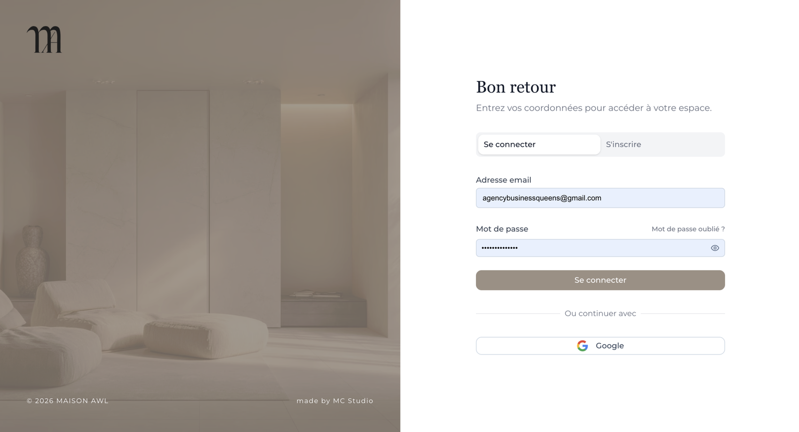 Page de connexion de la plateforme Maison AWL