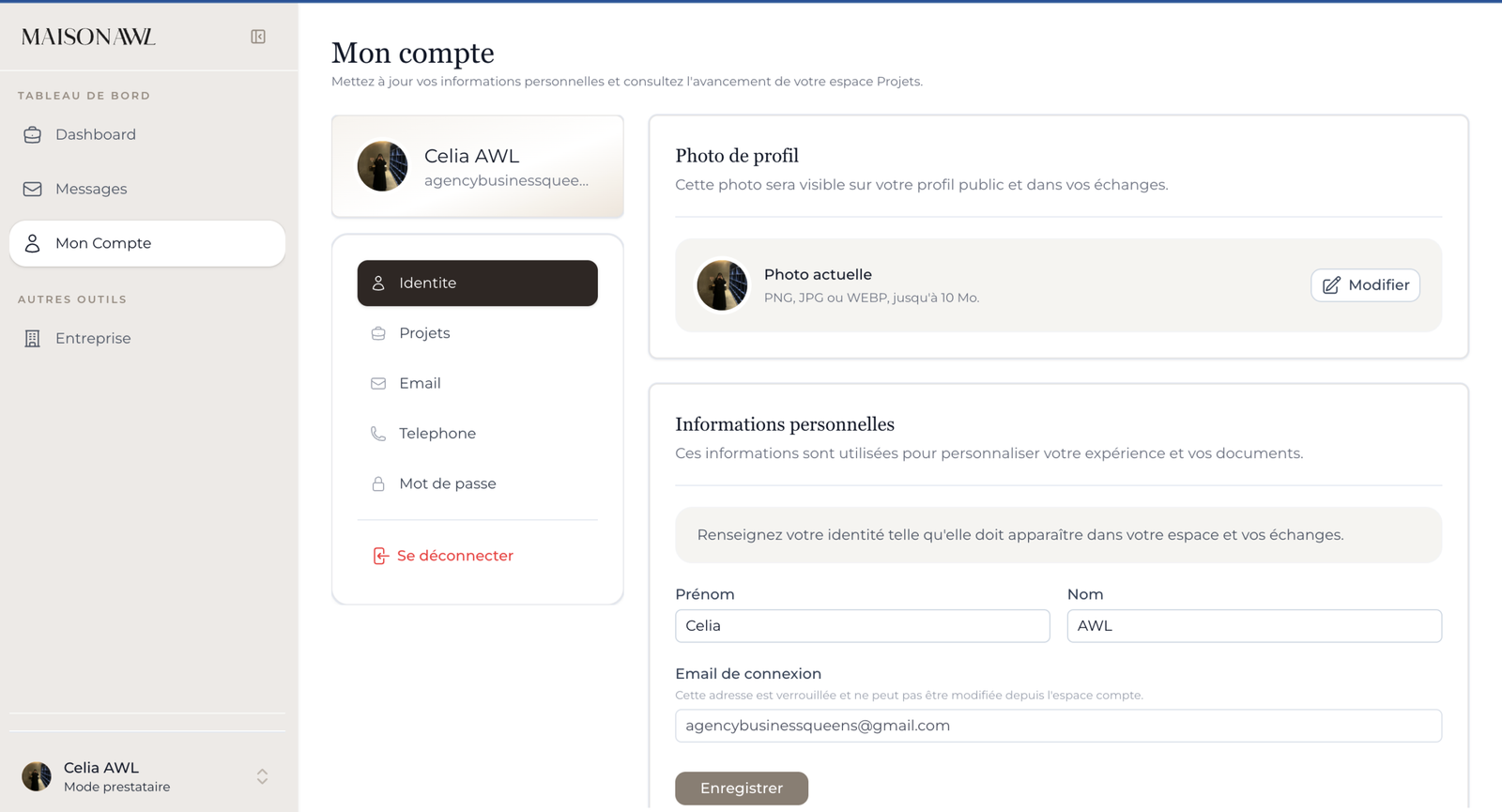 Espace personnel de la plateforme